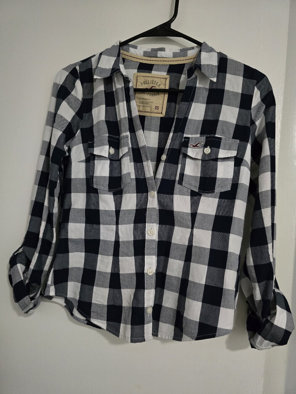 Hollister Blue and White Plaid Long-Sleeve Shirt